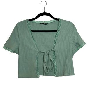 knot front lace trim rib-knit top